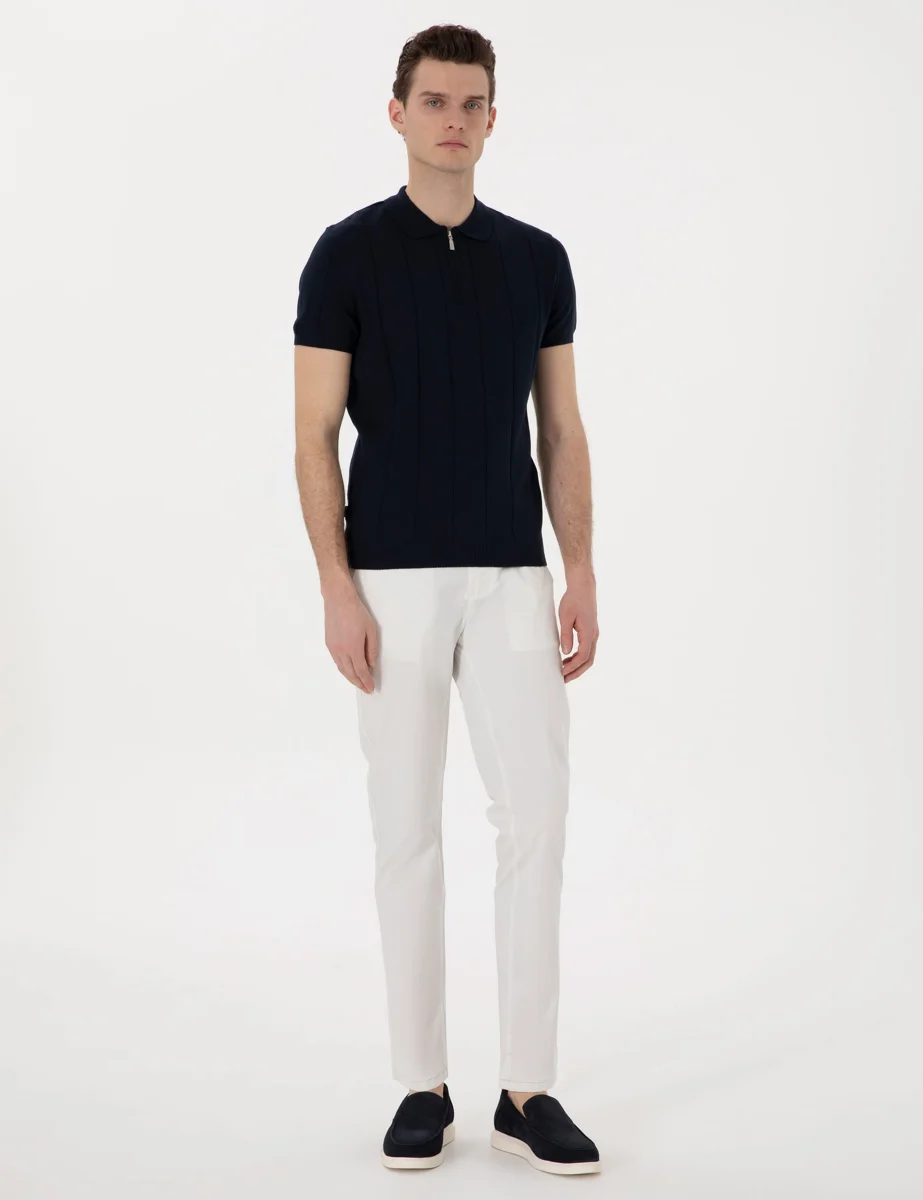 Ekru Slim Fit Beli Lastikli Kanvas Pantolon