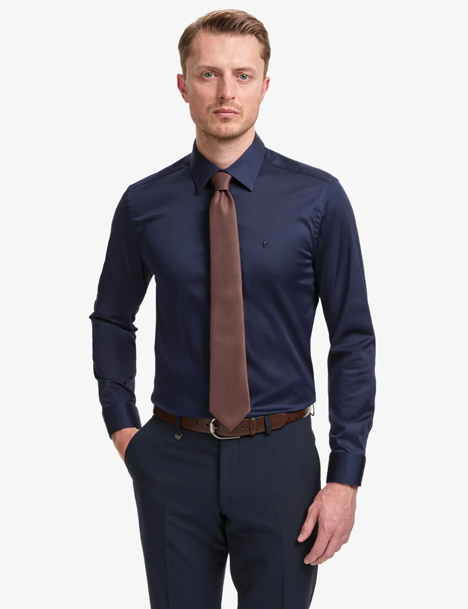 Lacivert Esnek Dokulu Slim Fit Uzun Kollu Basic Gömlek